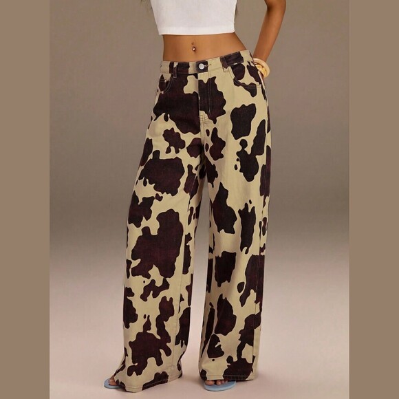 Denim - Tan Cow Print Denim Wide Leg Jeans